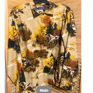 Hunting Theme Men’s Shirt Shacket Flannel Cotton Size Medium Dogs Deer Birds